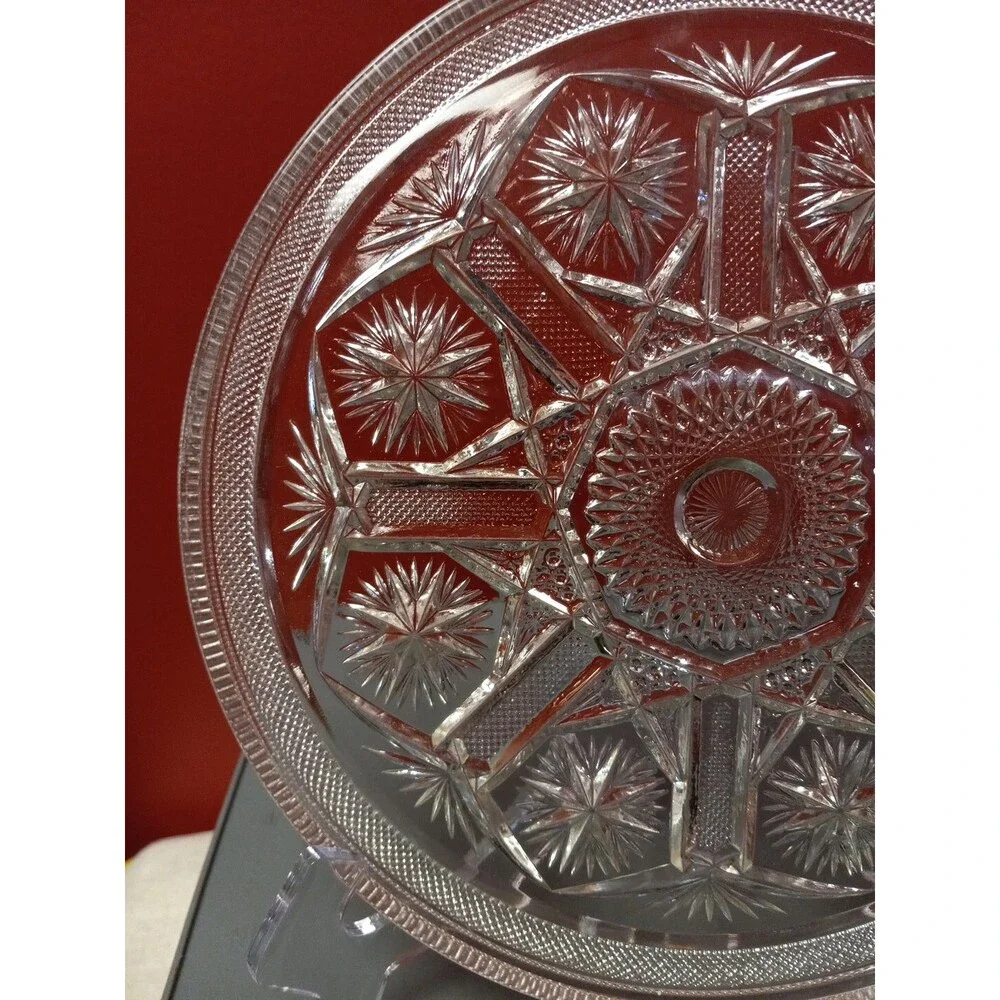 Vtg Cut Glass Round Tray Crosshatched Lip-Starbursts Hobstars...